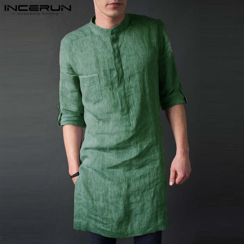 Kurta Men Cotton - INCERUN الرجال طويلة الأكمام ميدي الرجال