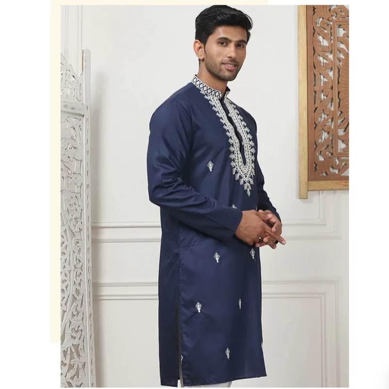 Kurta Men Cotton - معطف رجالي رقيق بتطريز حريري تقليدي